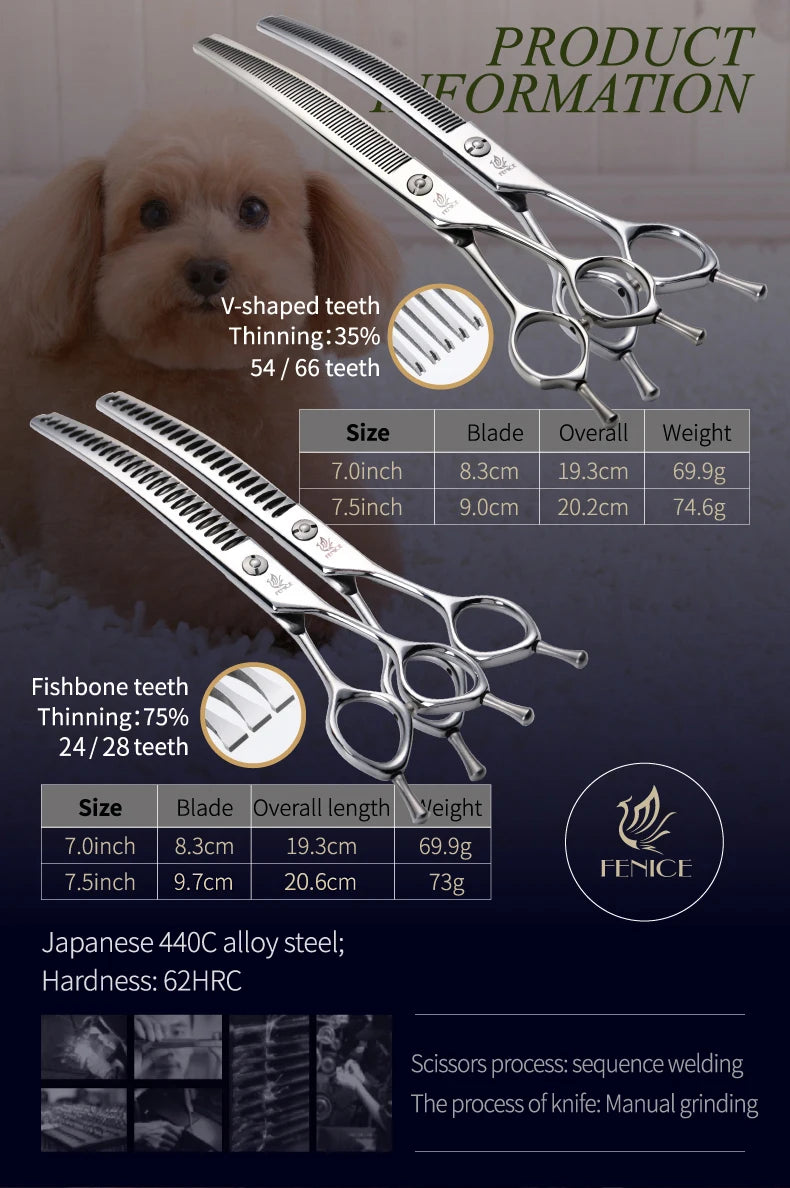 Fenice 7.0/7.5 inch Professional Dog Grooming Shears Curved Thinning Scissors for Dog Face Body Cutiing JP 440C High Quality