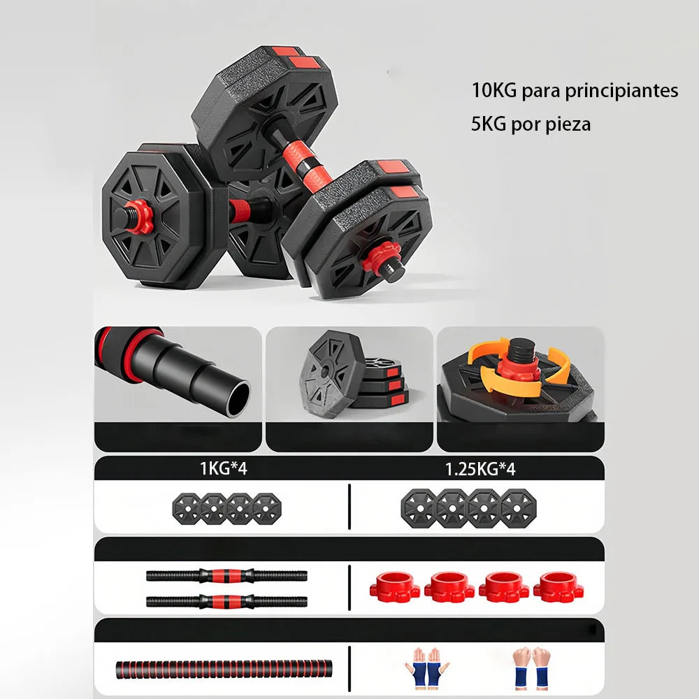 Adjustable Dumbbell Set with octagonal shape, weights from 10-40 kg, ergonomic handle for home gym and versatile training, easy weight identification.