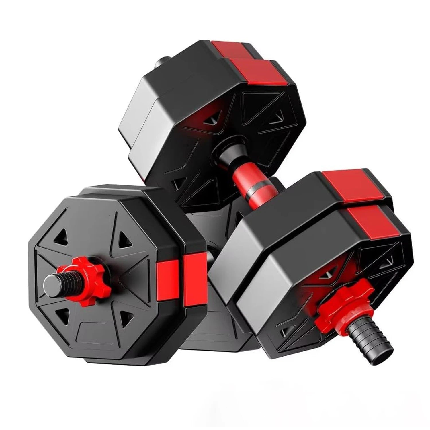 Adjustable Dumbbell Set with octagonal shape, weights from 10-40 kg, ergonomic handle for home gym and versatile training, easy weight identification.