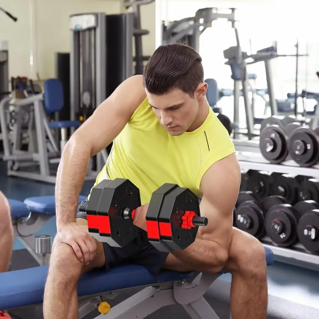 Adjustable Dumbbell Set with octagonal shape, weights from 10-40 kg, ergonomic handle for home gym and versatile training, easy weight identification.