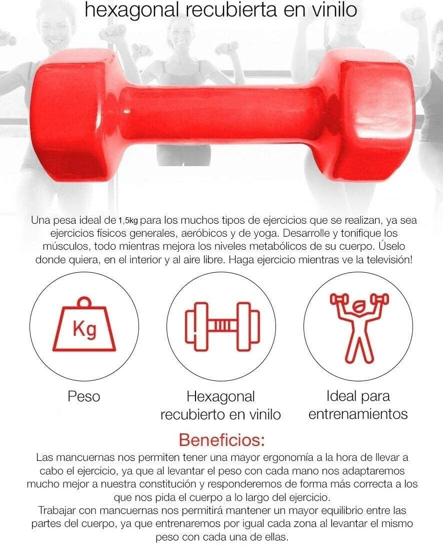 Neoprene Dumbbell Set 1, 1.5, 2, 3kg in Blue and Red, with Anti-Roll Design for Gym and Home Use, Ideal for Aerobic Exercise and Arm Strengthening, Includes 2 Units, Made of Rubber.