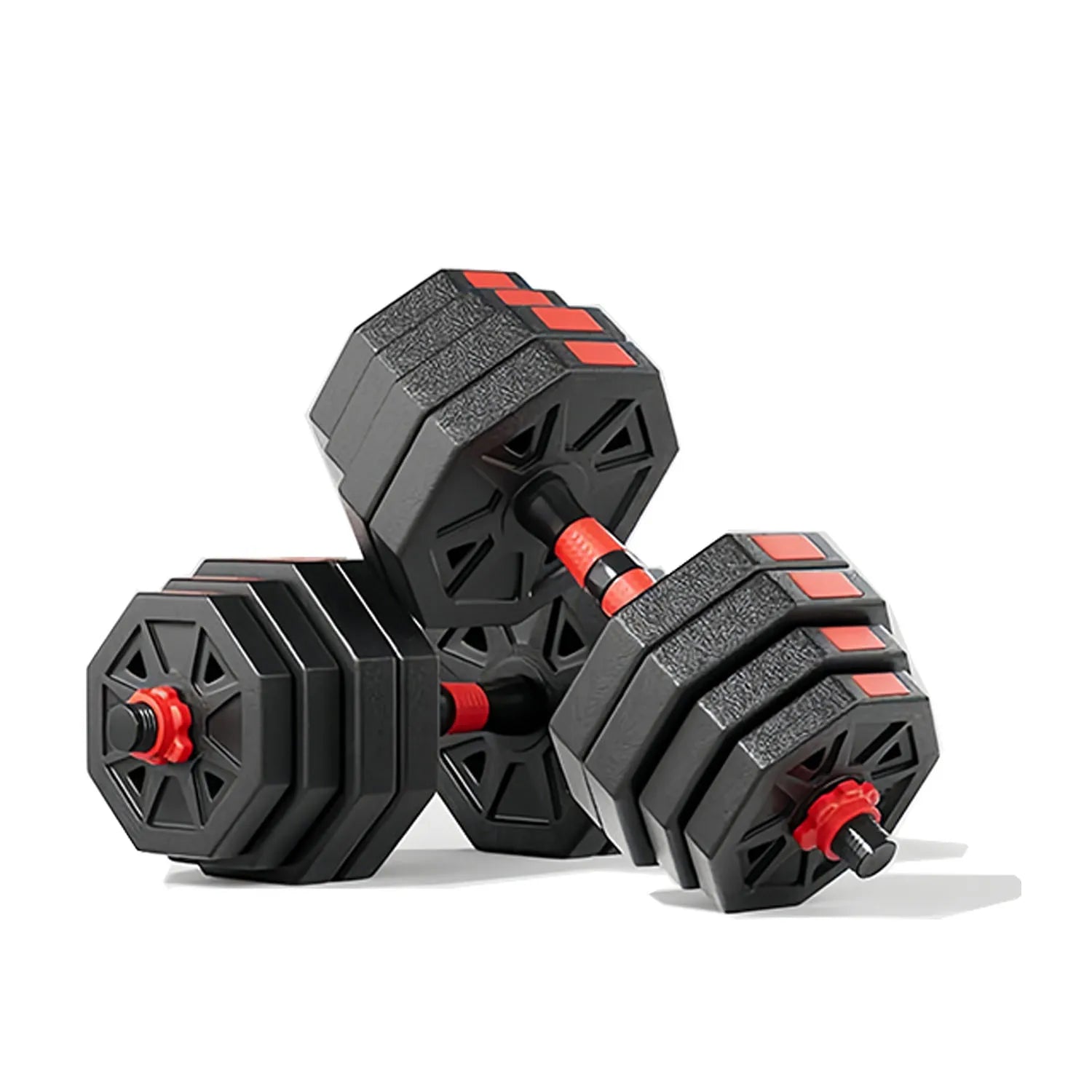 Adjustable Dumbbell Set with octagonal shape, weights from 10-40 kg, ergonomic handle for home gym and versatile training, easy weight identification.