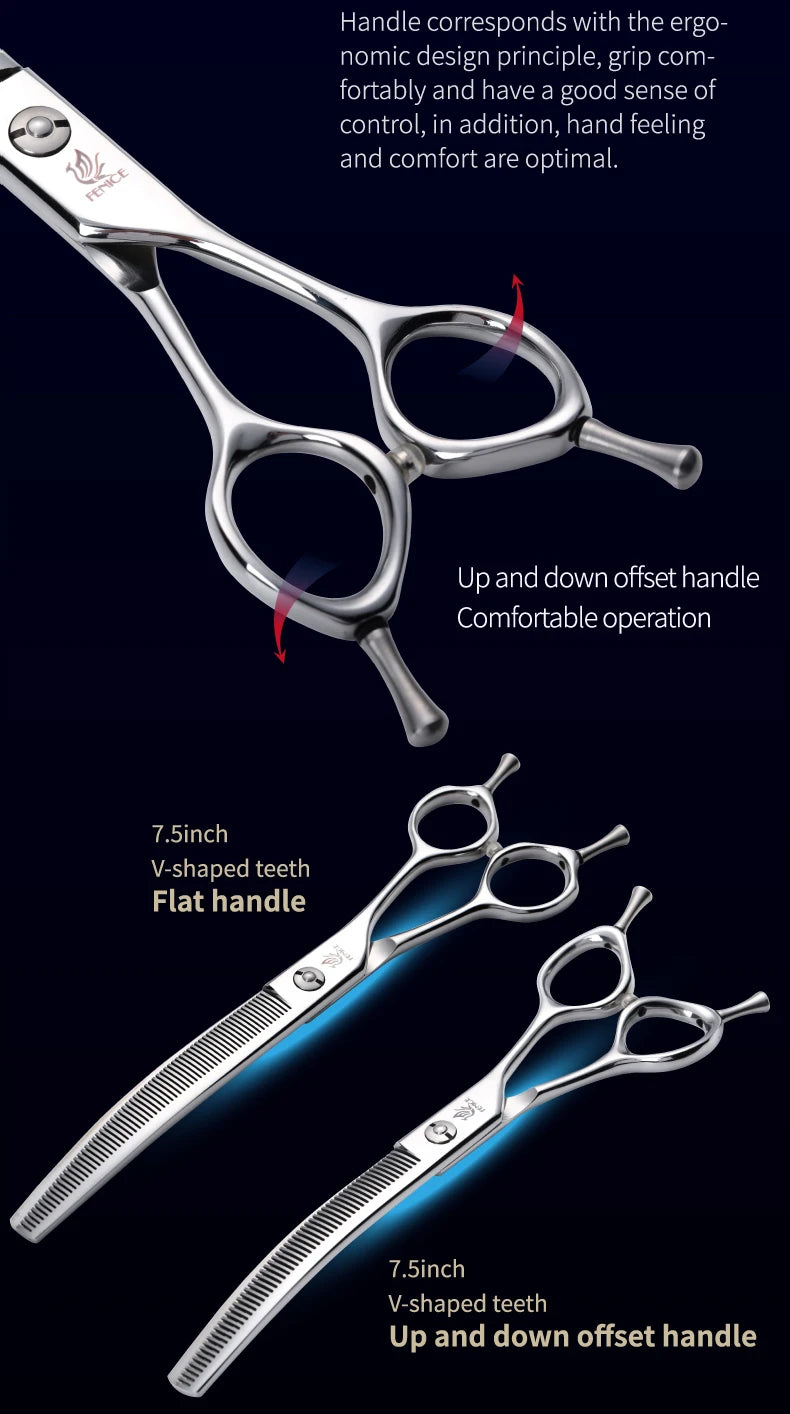 Fenice 7.0/7.5 inch Professional Dog Grooming Shears Curved Thinning Scissors for Dog Face Body Cutiing JP 440C High Quality