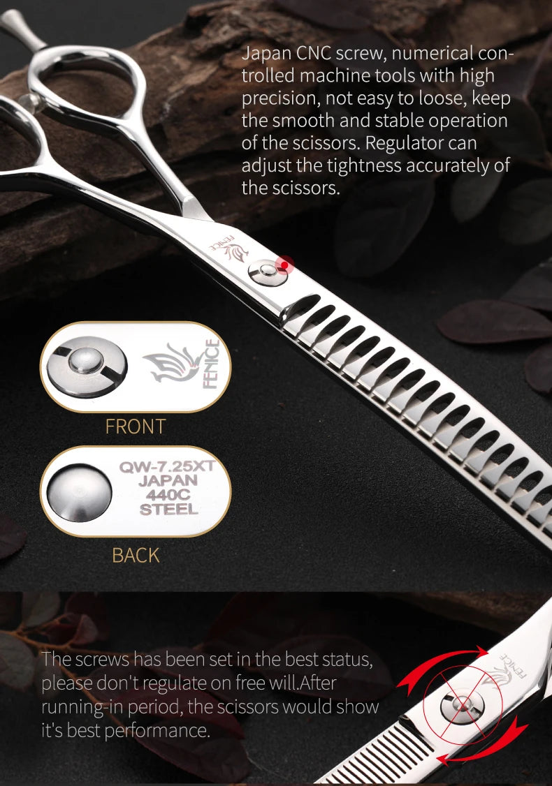 Fenice 7.0/7.5 inch Professional Dog Grooming Shears Curved Thinning Scissors for Dog Face Body Cutiing JP 440C High Quality