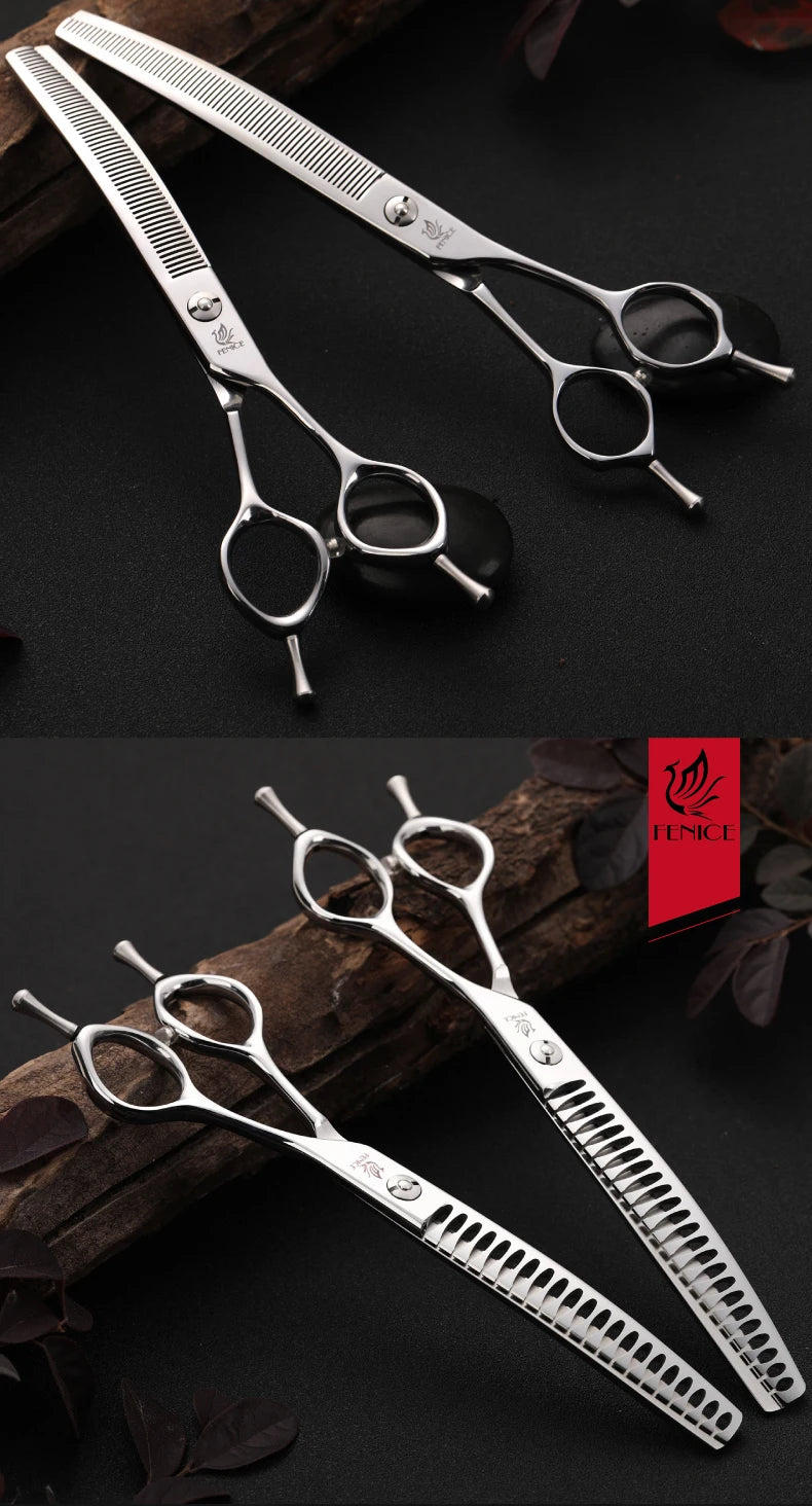 Fenice 7.0/7.5 inch Professional Dog Grooming Shears Curved Thinning Scissors for Dog Face Body Cutiing JP 440C High Quality