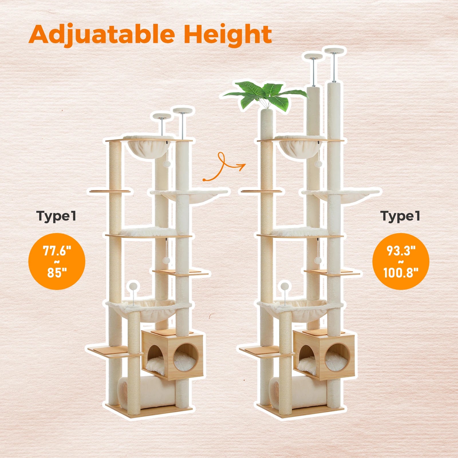 Height Adjustable Wooden Cat Tree with Large Hammock Sisal Scratching Posts Floor to Ceiling Cat Tower Cozy Cat Condo for Indoor