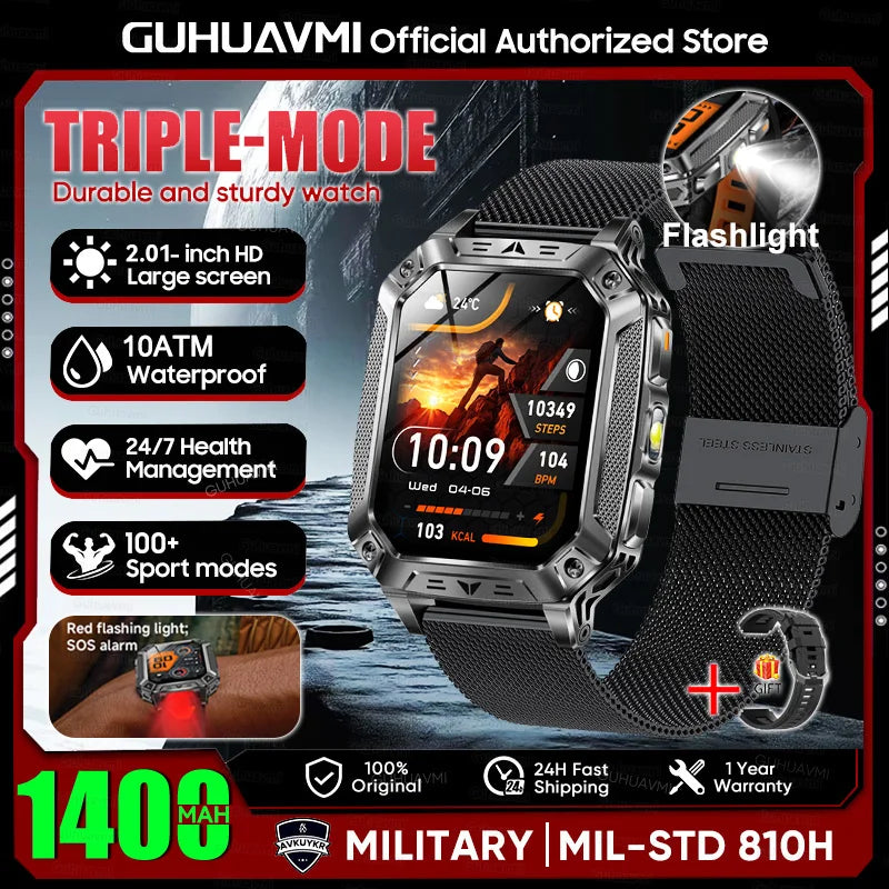 New Rugged Military Smart Watch Men 1400mAh Battery 2.01inch AMOLED Bluetooth Call 10ATM Waterproof LED Flashlight Smart Watch