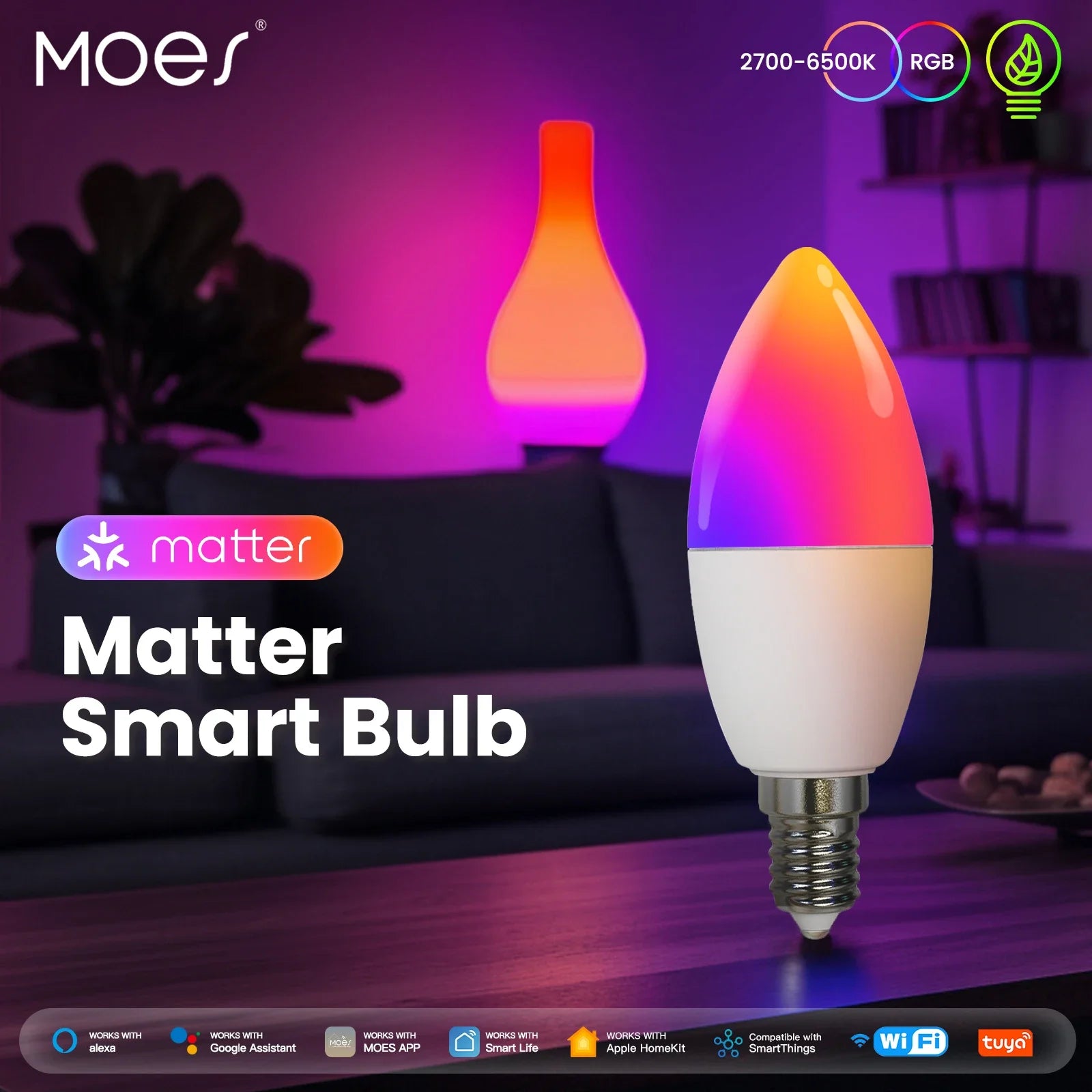 Lâmpada Smart MOES E14 RGB Matter/Tuya com Controlo por Voz