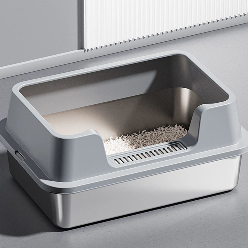 Stainless Steel Cat Litter Box with Lid and Scoop for Big Cat XL Metal Litter Pan Tray with High Wall Sides Enclosure Non-Sticky
