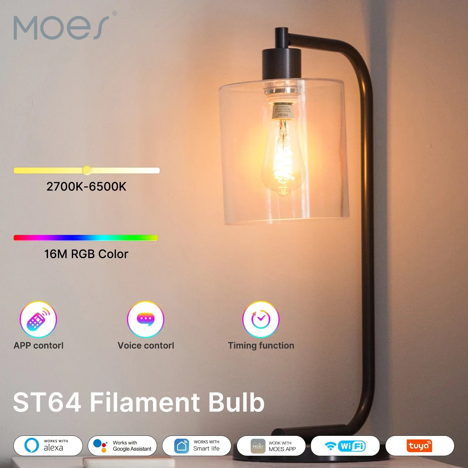 MOES Tuya ST64 Smart Bulb — LED RGB 2700–6500K WiFi Alexa