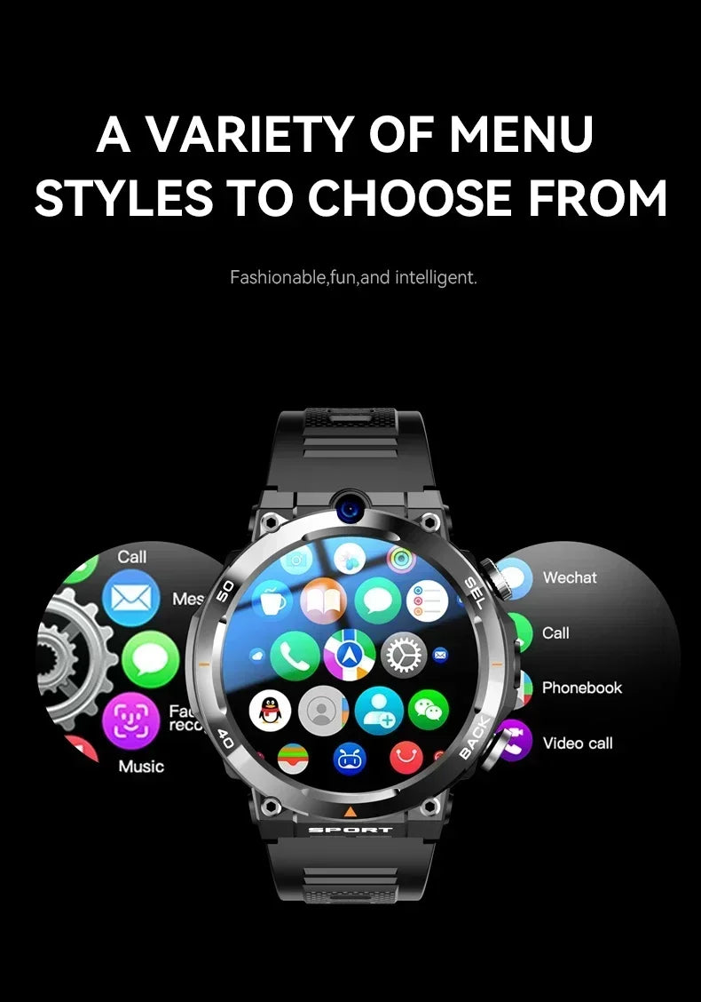 H10 4G LTE Men's Smartwatch: Dual 500W camera for video calls, 4 + 128 GB, WiFi NFC, 1380mAh battery