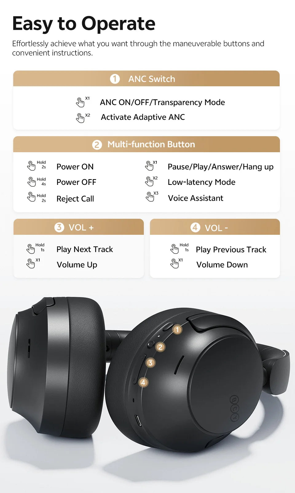 QCY H3S -56dB Adaptive ANC Over Ear Headphone Hi-Res LDAC Spatial Sound Wireless Earphone Bluetooth 6.0 Dual Driver 102H Headset