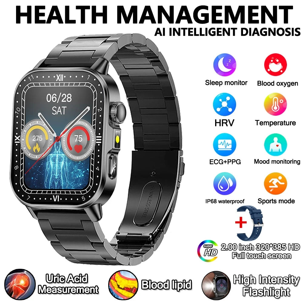 2026 New Model Uric Acid & Lipid Health Analysis Smartwatch Men's ECG+PPG Bluetooth Call 2.01 inch Flashlight Smartwatch Women's