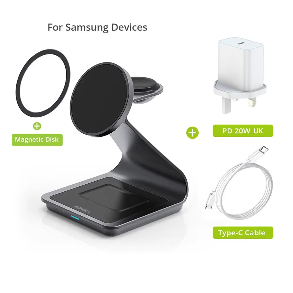 Bonola 3‑in‑1 Magnetic Wireless Charger — 25W Stand p/ Samsung & Watch