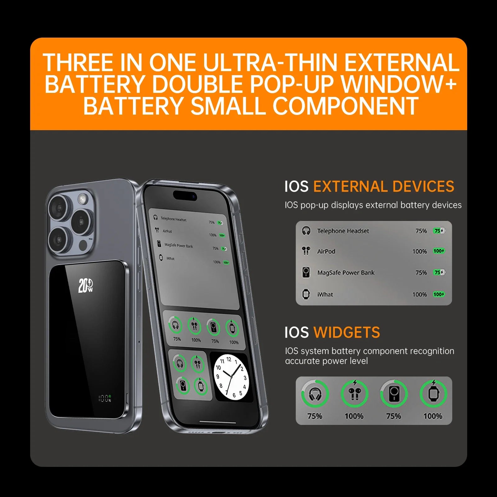 10000mAh 20W Wireless Magnetic Power Bank Portable Battery Charger for MagSafe iPhone 16, 15, 14, 13, and Samsung iWatch