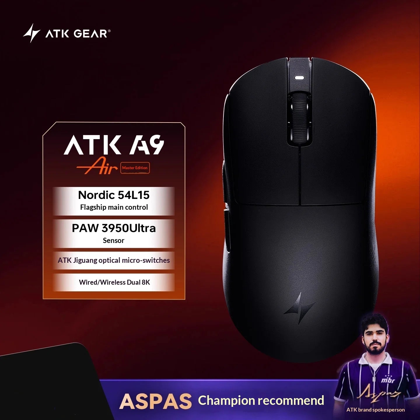 ATK DragonFly A9 Air Ultimate Wireless Gaming Mouse PAW3950 Ultra 42000DPI 750IPS 8KHz RGB Ergonomic Design for Windows MacOs