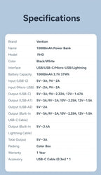 Vention 10000mAh Power Bank — 22.5W com Cabo USB‑C Integrado