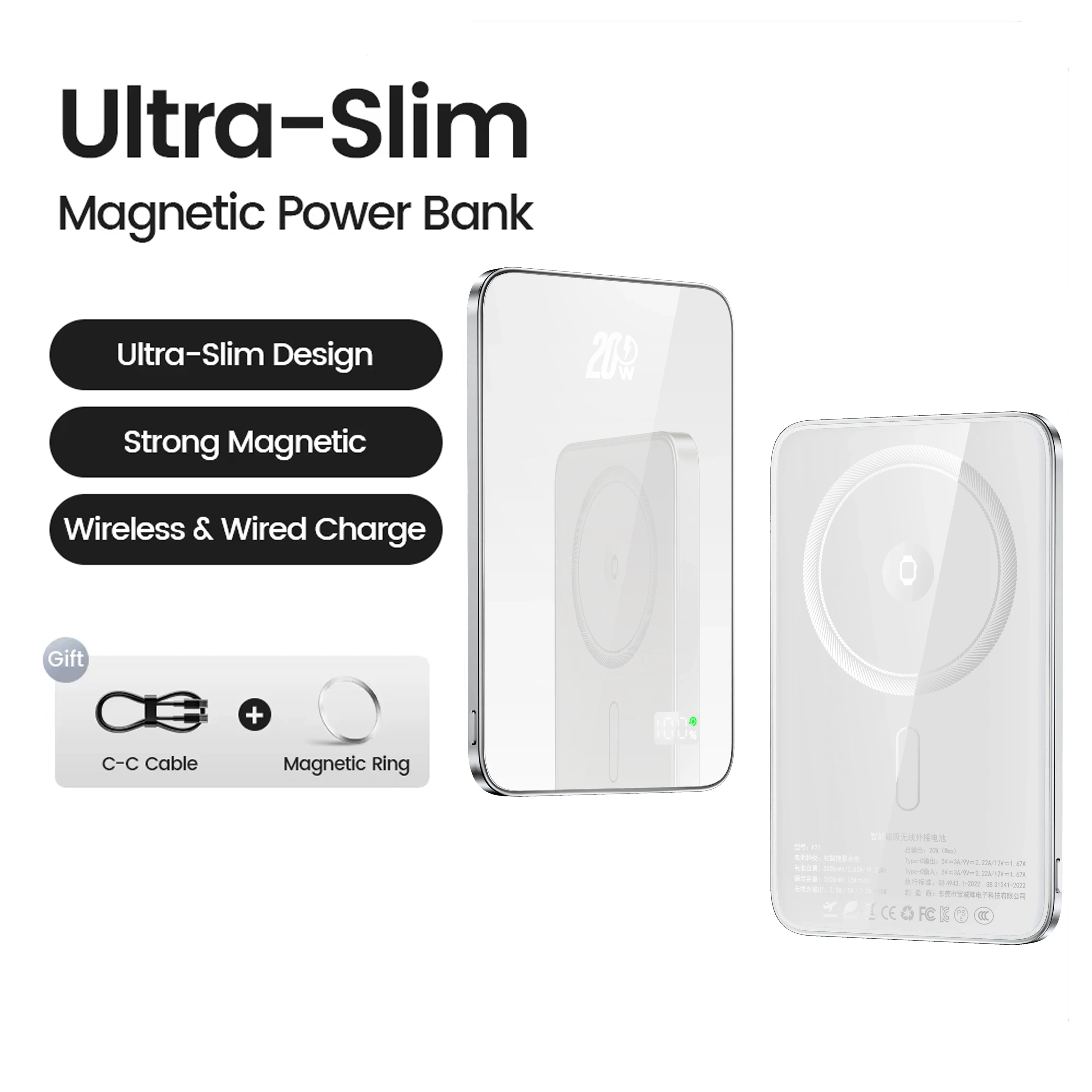 10000mAh 20W Wireless Magnetic Power Bank Portable Battery Charger for MagSafe iPhone 16, 15, 14, 13, and Samsung iWatch