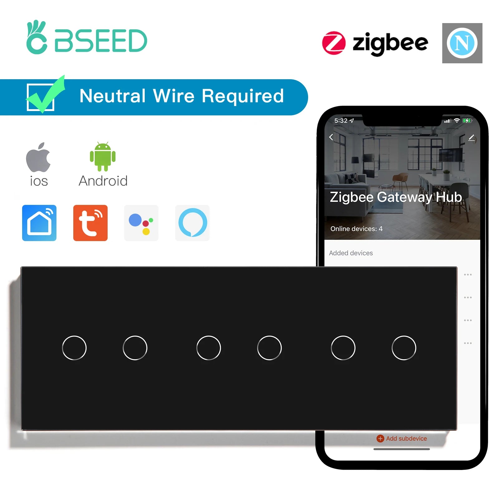 BSEED Zigbee Touch Switch — 1/2/3 Gang + Tomadas EU com Neutro