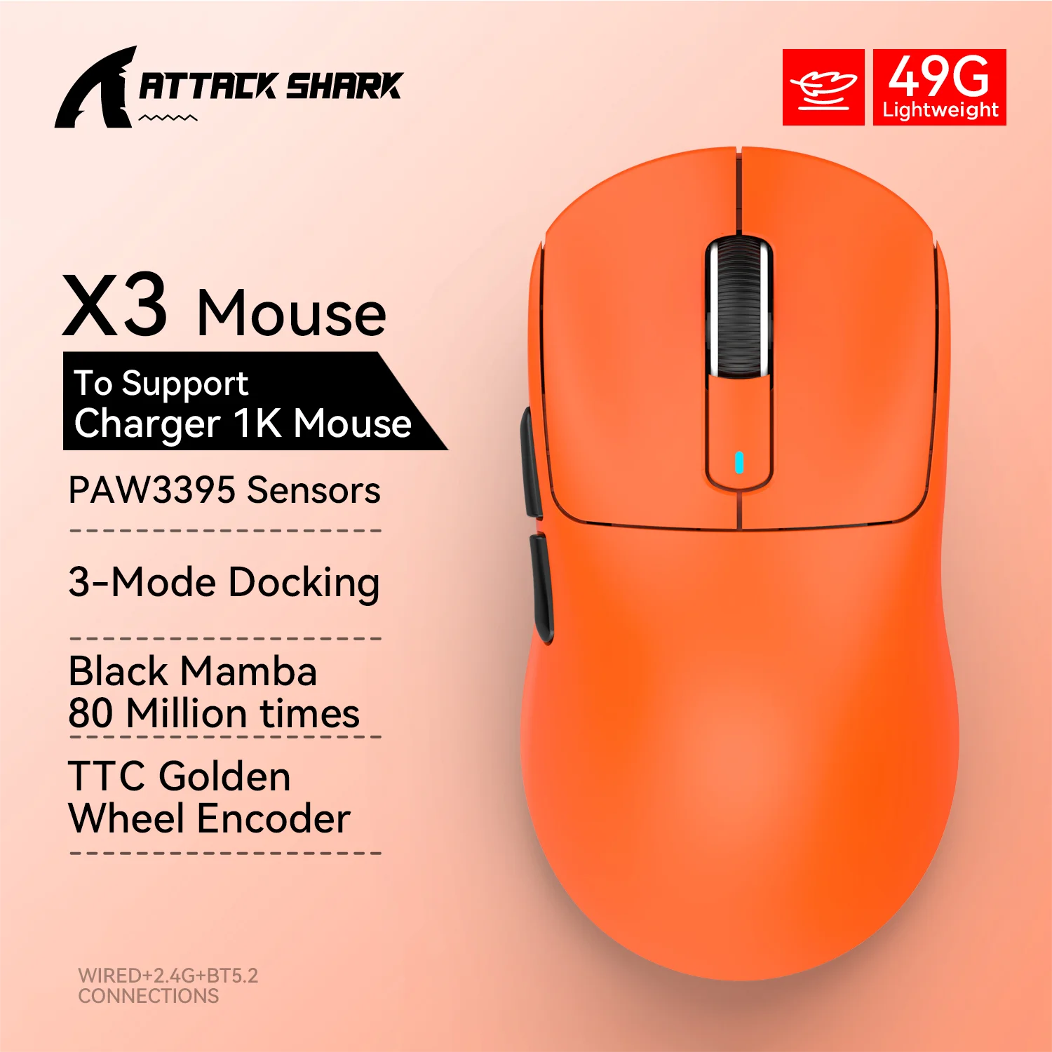 Attack Shark X3 PixArt PAW3395 Wireless Mouse, 26K DPI Lightweight Mouse ,Tri-Mode Macro Gaming Mouse,Laptop/win/mac