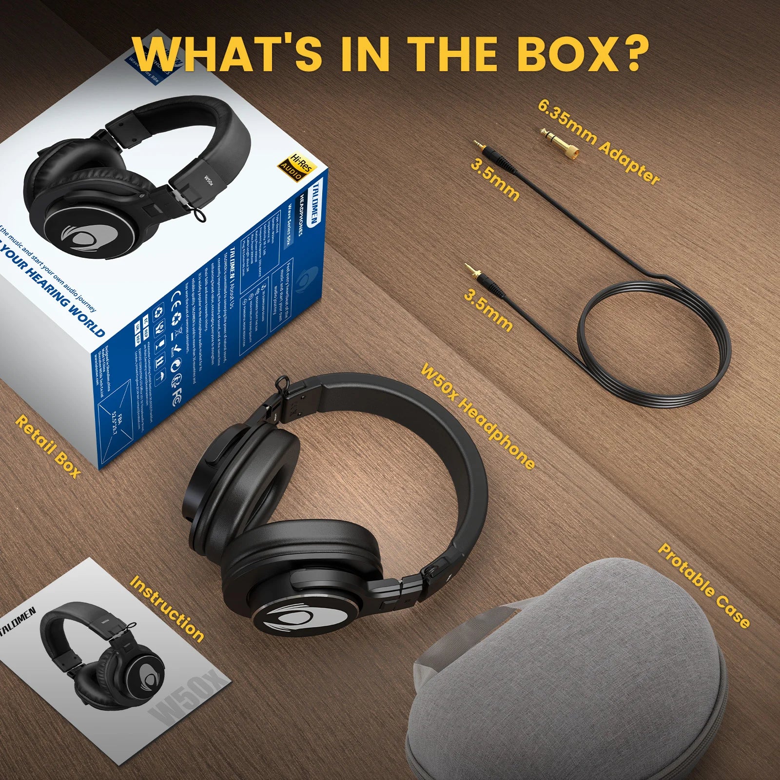 Talomen W50x Corded Studio Headphones, Stereo Professional DJ Headphones, Over-Ear Monitor Headphones with Detachable Cable