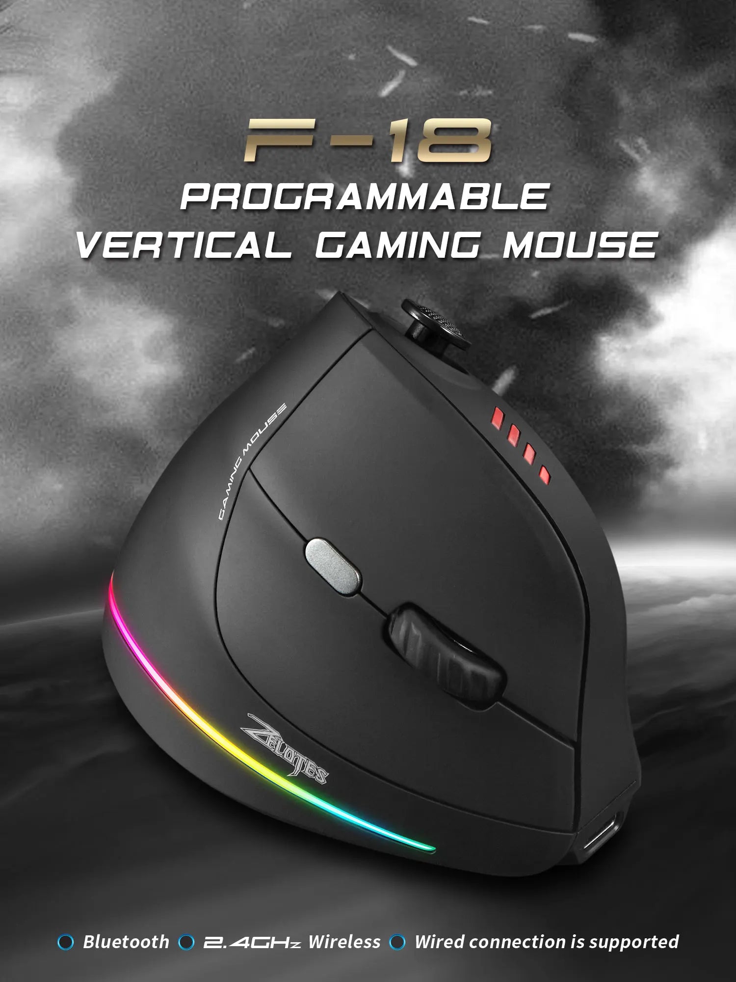 ZELOTES F18 Vertical Ergonomic Mouse 2.4G Wireless Mouse Bluetooth 24000DPI with Programming Gaming Mouse for PC Computer Laptop