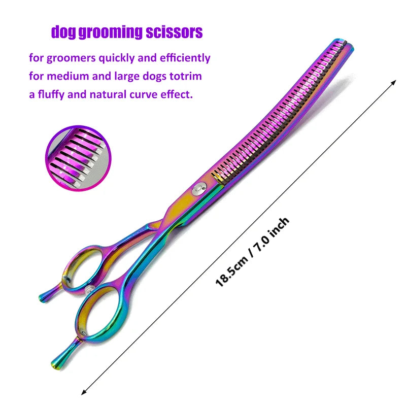 Colorful curved dog trimming clippers, 7.0 inch professional dog cutting scissors, pet trimming scissors.