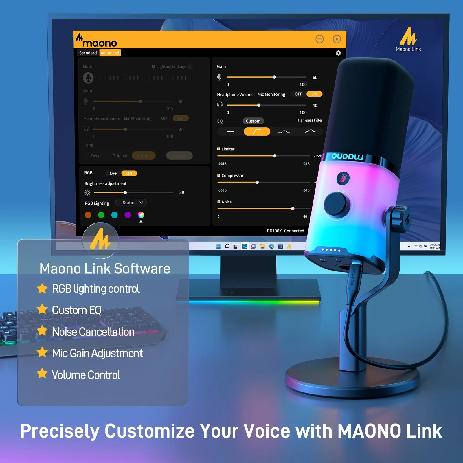 MAONO PD100X — Microfone Dinâmico USB/XLR com Noise Reduction, Mute e RGB