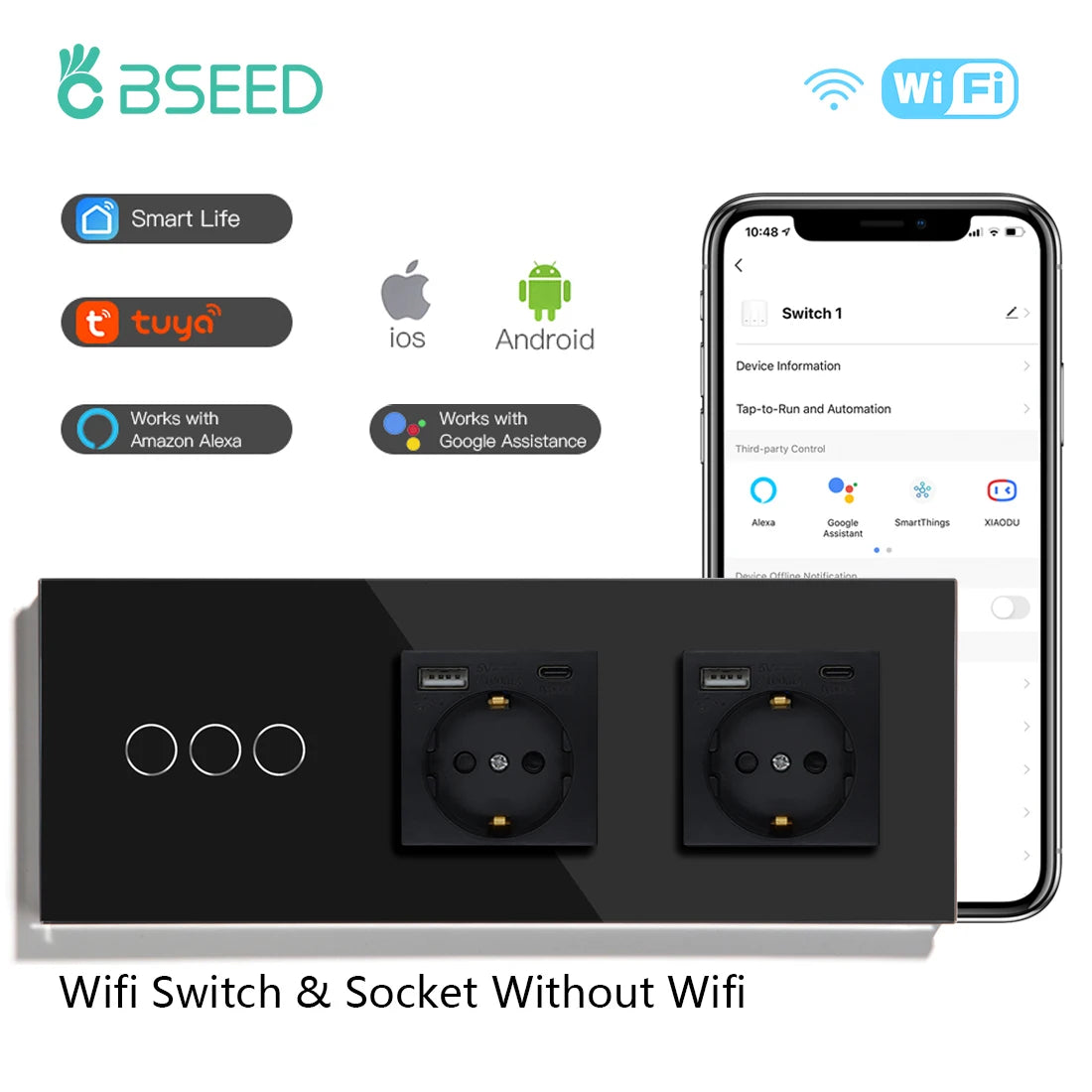 BSEED WiFi Touch Switch — 1/2/3 Gang Smart Tuya com USB‑C