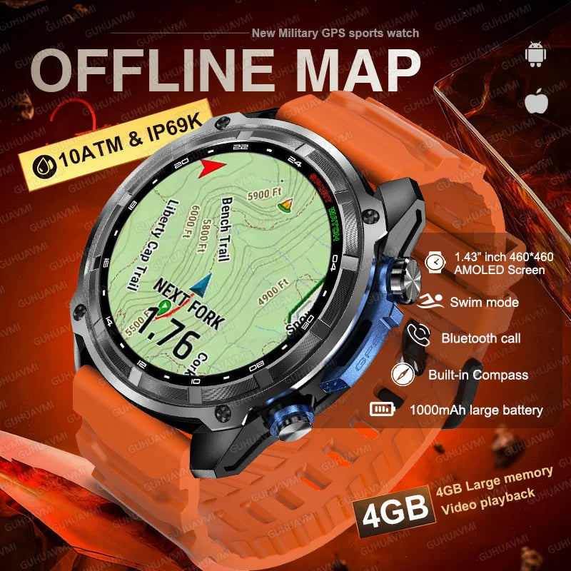 Smartwatch Militar 2025 – Mapas Offline, Memória 4GB e Multimédia Completa