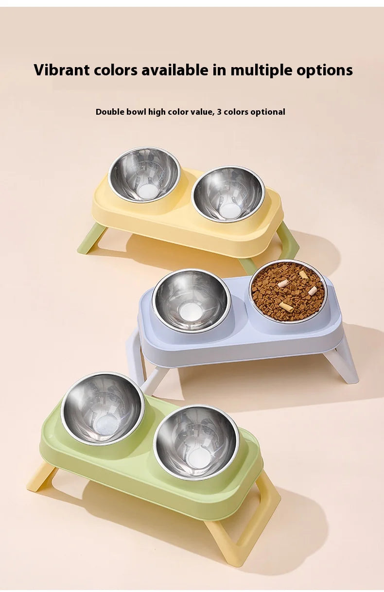 Foldable Stainless Steel Elevated Pet Bowl - Dual Dish Non-Slip Anti-Tip Raised Feeder with Neck Support for Cats Dogs