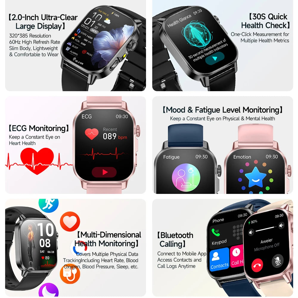 2026 New Model Uric Acid & Lipid Health Analysis Smartwatch Men's ECG+PPG Bluetooth Call 2.01 inch Flashlight Smartwatch Women's