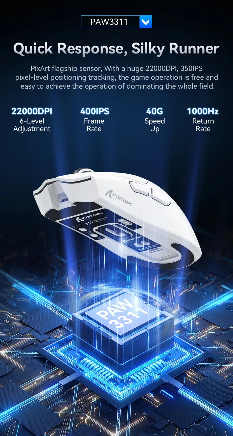 Attack Shark X11SE X11 PAW3311 Bluetooth Mouse, Tri-mode connectivity, Magnetic charging dock, Touchscreen, Ultralight gaming mouse