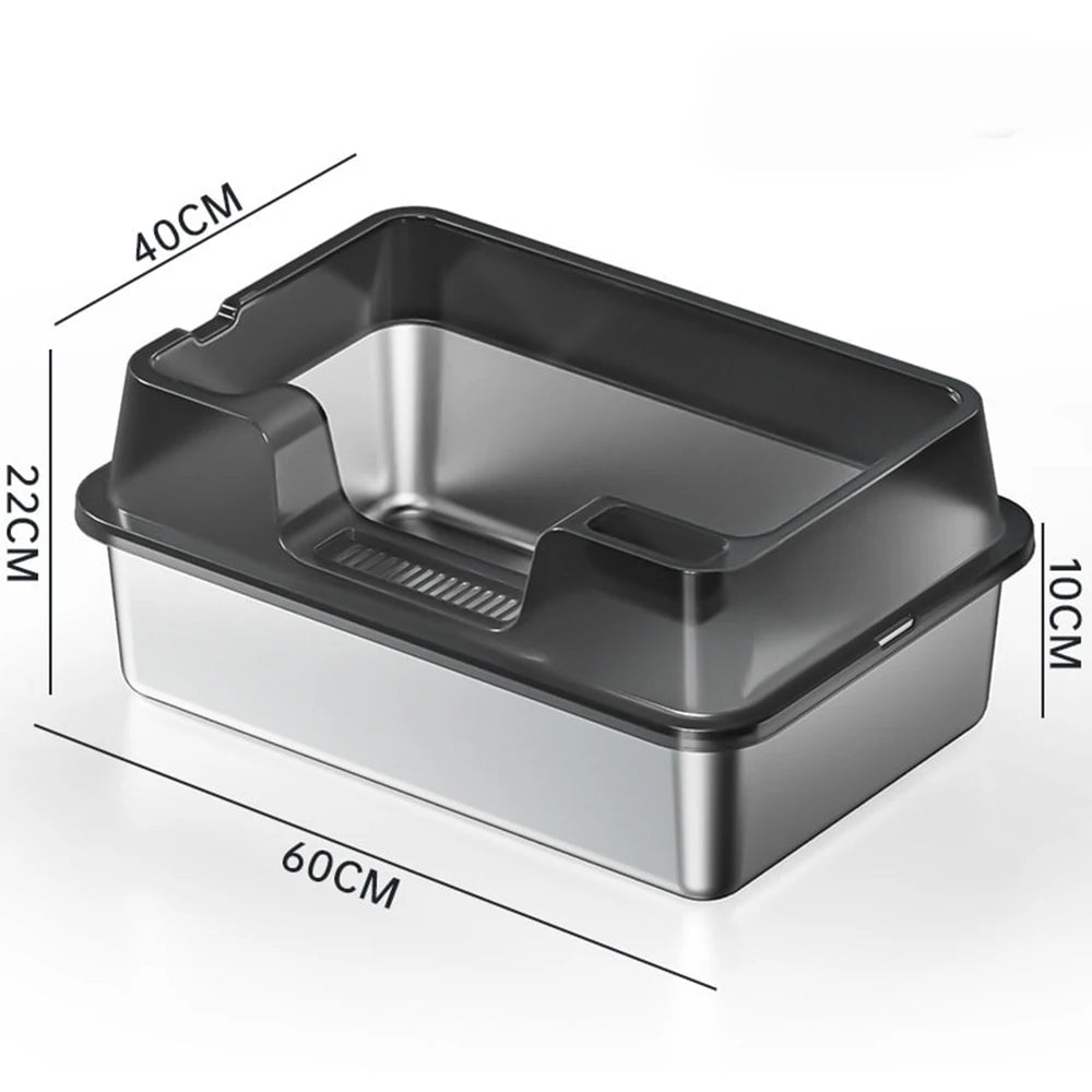 Stainless Steel Cat Litter Box with Lid and Scoop for Big Cat XL Metal Litter Pan Tray with High Wall Sides Enclosure Non-Sticky