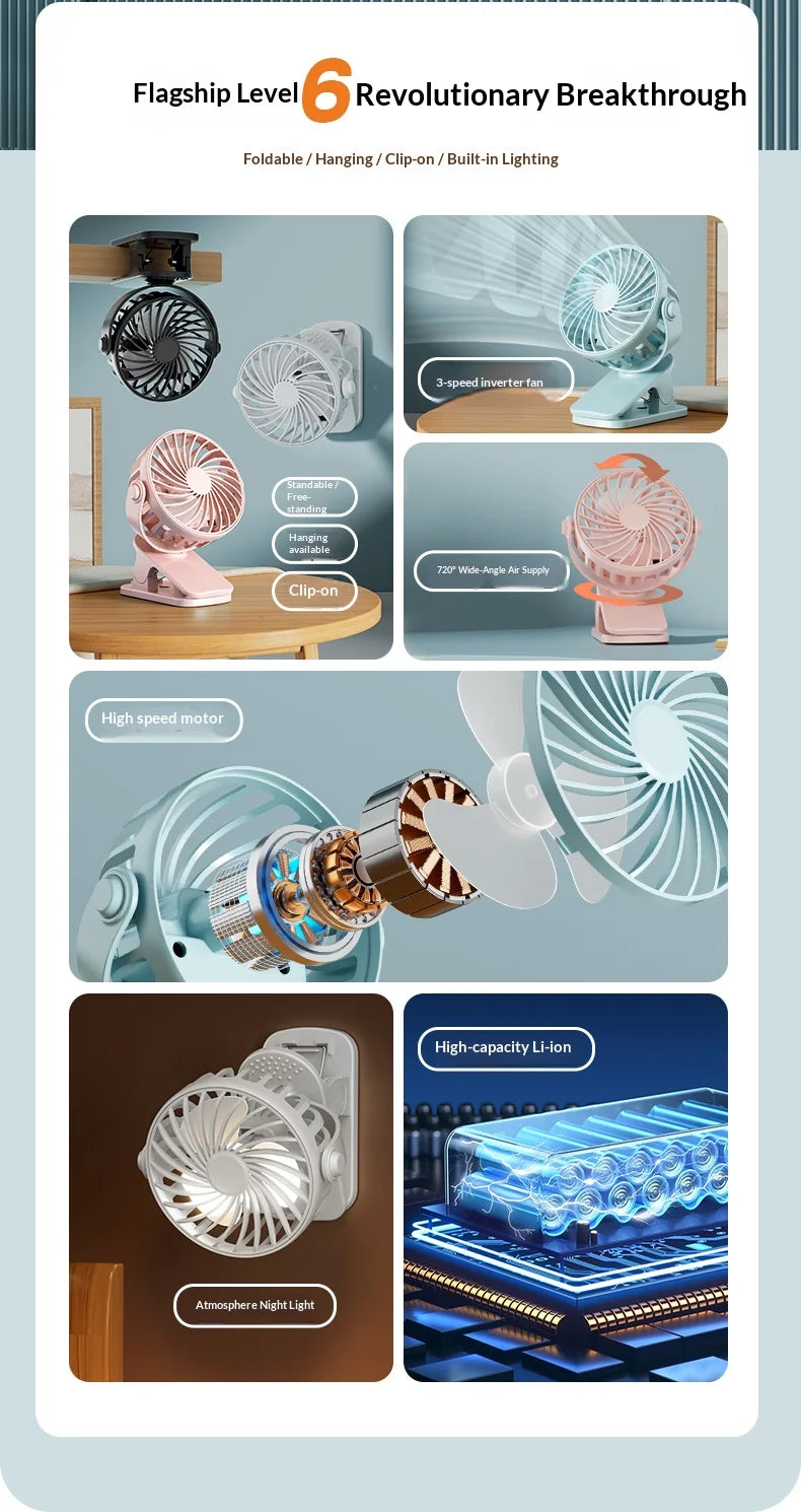 HOMEFISH Portable Rechargeable Clip Fan 720° Rotatable Hanging Fan with Night Light Air Cooler for Outdoor Camping Fan