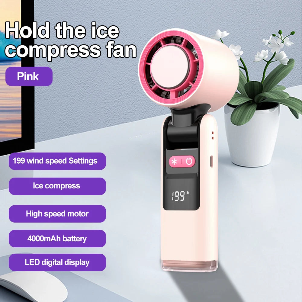 Outdoor Handheld Cold Compress Fan 3600mAh Quite High-speed Cold Air USB Rechargeable Mini Turbo Fan with Lanyard Portable Fan