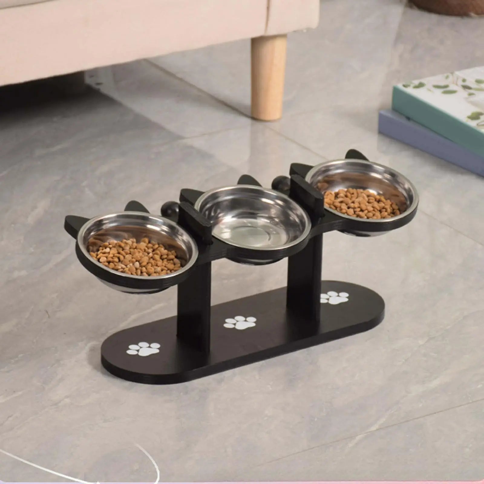 Elevated Cat Food Bowl with Black Wooden Support Frame. Steel-Free Cat Bowls, 15° Stand Sloped Feeding & Watering Supplies.