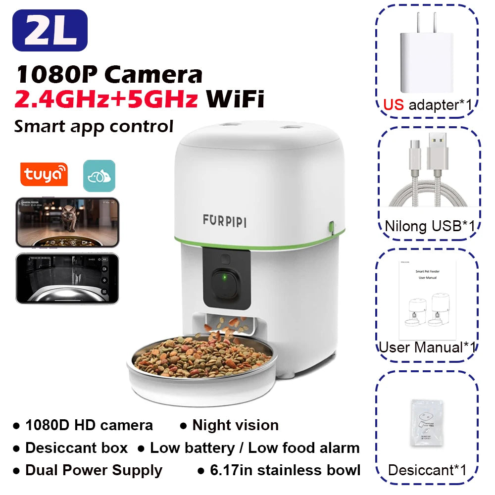 1080P HD Camera Automatic Cat Feeder with 5G WiFi Tuya Pet Cat Smart Food Kibble Dispenser Auto Feeder for Cats Dog Accessories