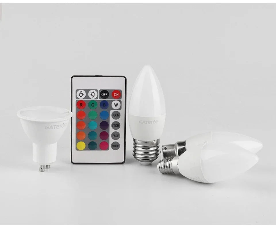 1-10PCS Smart RGBW LED Bulb Spotlight E27 E14 B22 GU10 6W 10W with infrared remote control suitable for colorful home lighting.