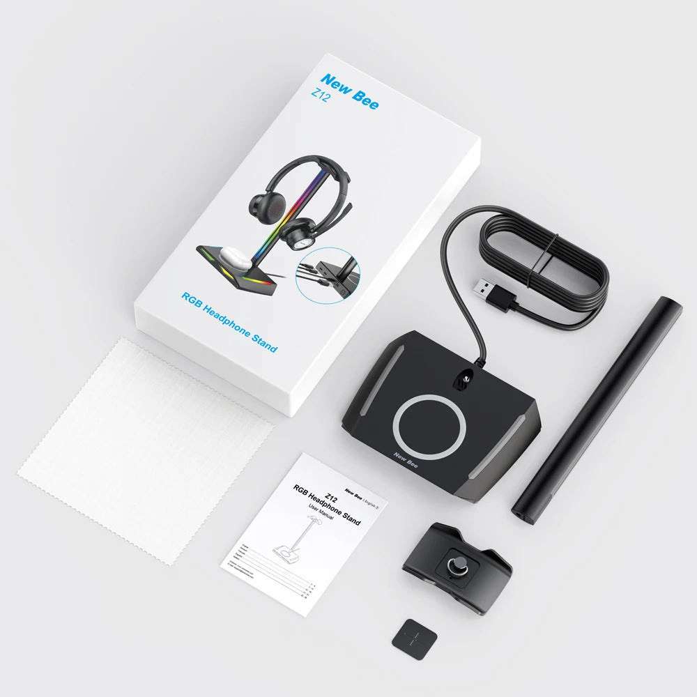 New Bee Z12 RGB Headset Stand Holder with Wireless Charger, Desk Base, Gaming Headphones Holder, Non-Slip Rubber Base
