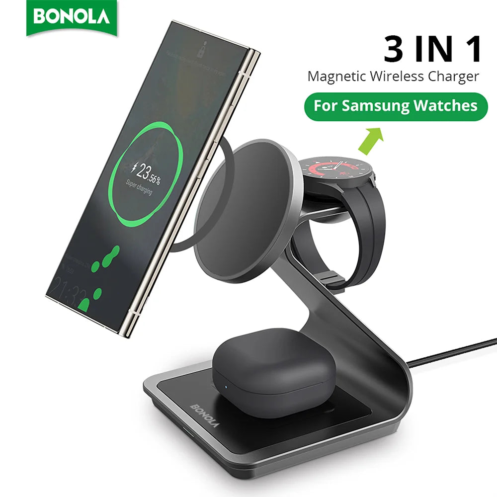 Bonola 3‑in‑1 Magnetic Wireless Charger — 25W Stand p/ Samsung & Watch