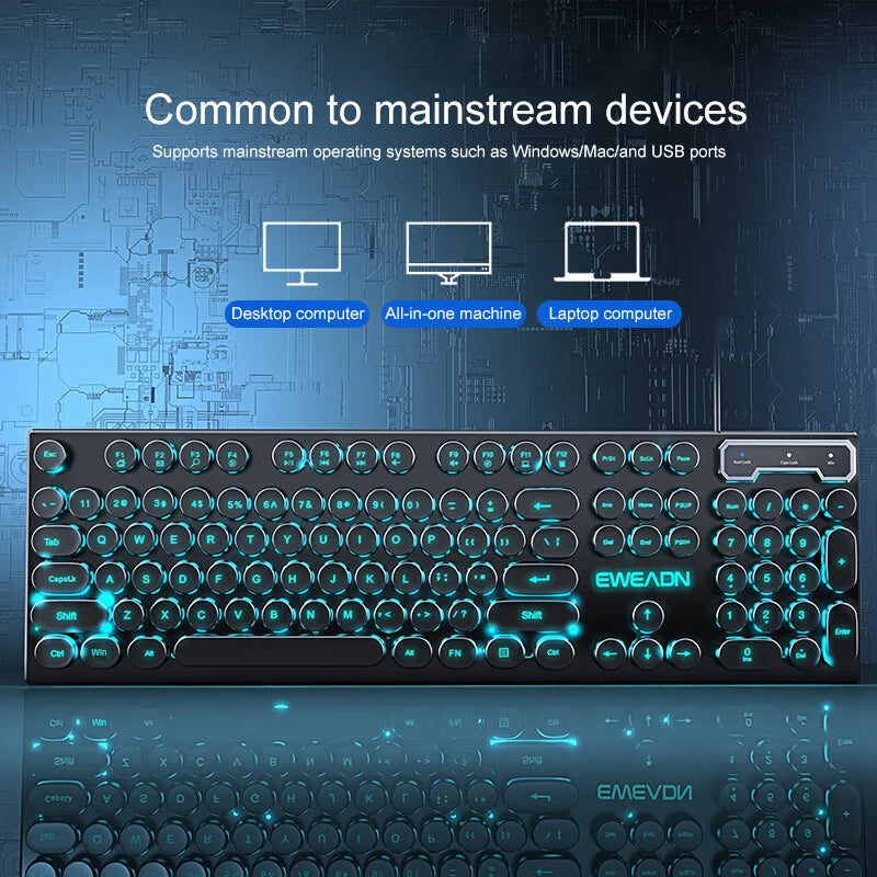 EWEADN GX330 Typewriter Gaming Keyboard, 104 Keys Wired Retro Punk Round Keycaps, with RGB Backlit, for Windows Laptop PC Black