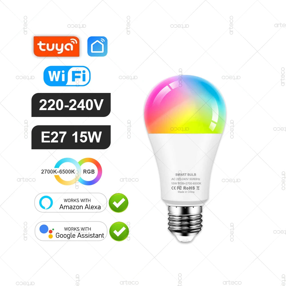 Tuya Smart Bulb Zigbee/WiFi/Bluetooth — E27/E14/GU10 RGBCW Regulável Alexa