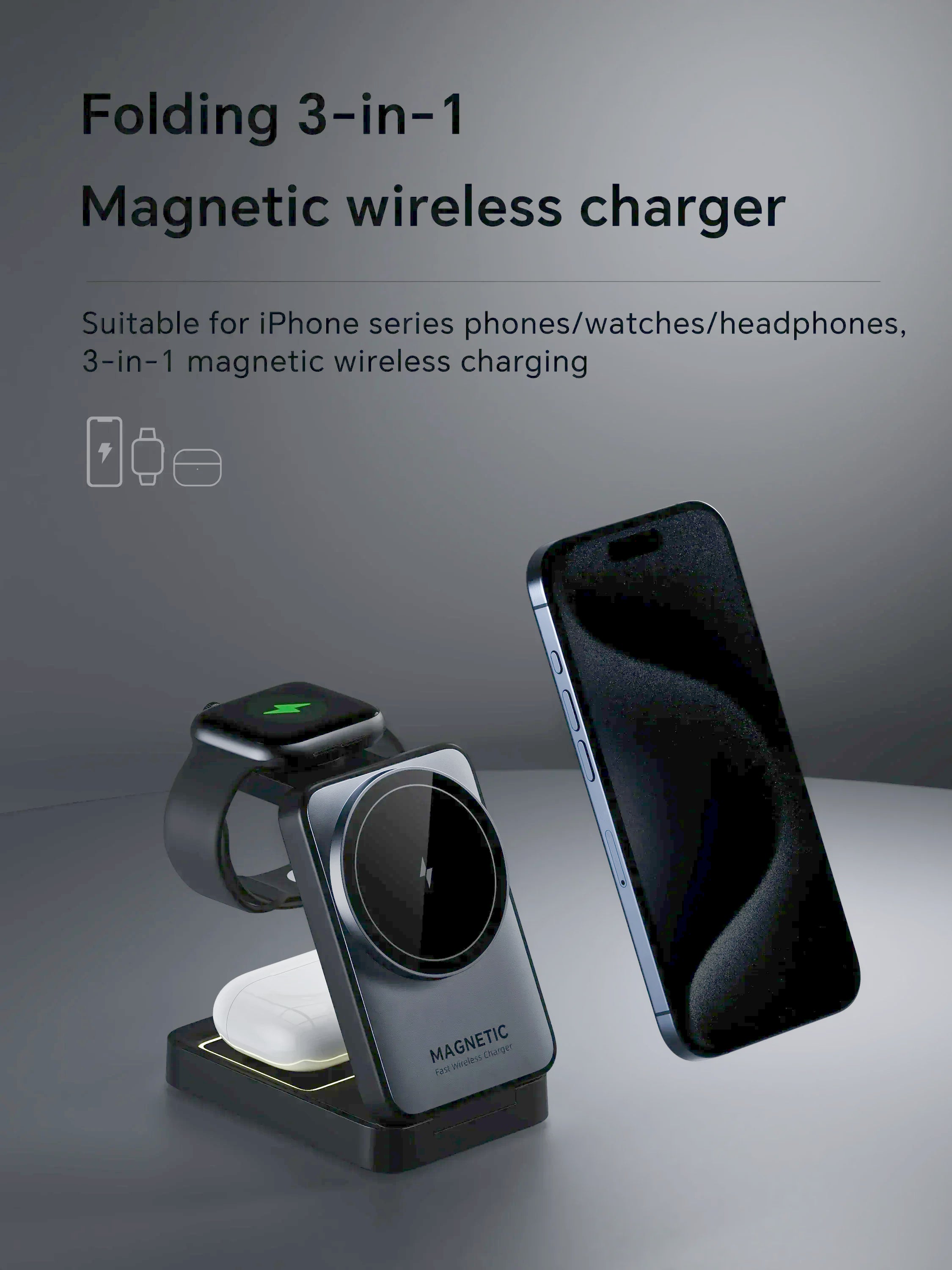 Foldable 3 In 1 Magnetic Wireless Charger Stand For Magsafe iPhone 15 14 13 12 Apple Watch 2-8 Airpods Pro Fast Charging Station