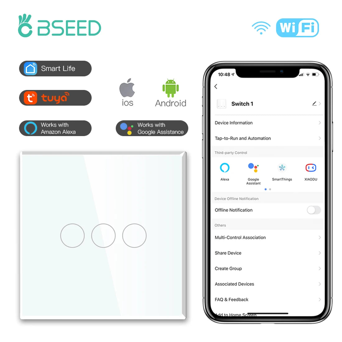 BSEED WiFi Touch Switch — Tomada EU com USB‑C Tuya Smart Life