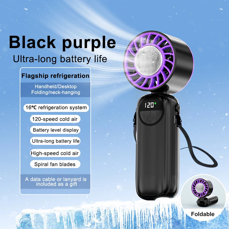 Outdoor Handheld Cold Compress Fan 3600mAh Quite High-speed Cold Air USB Rechargeable Mini Turbo Fan with Lanyard Portable Fan