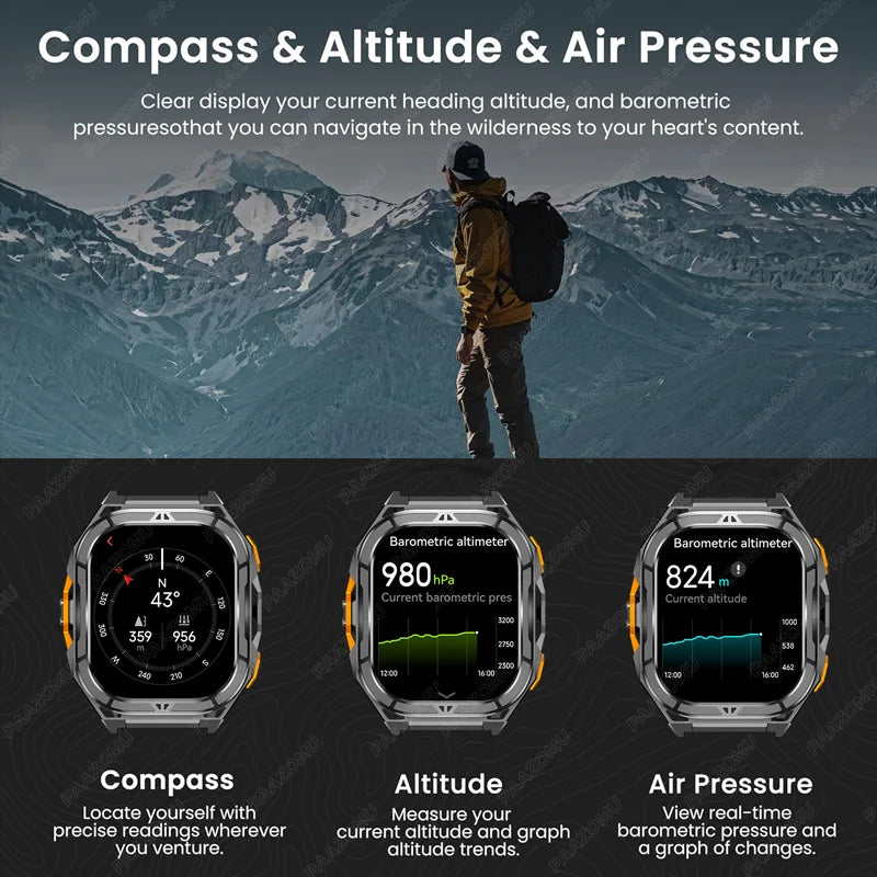 2025 New Men's GPS Smart Watch 1.96 inch HD AMOLED Screen Compass Bluetooth Call 5ATM Waterproof Sport Smart Watch for Android iOS