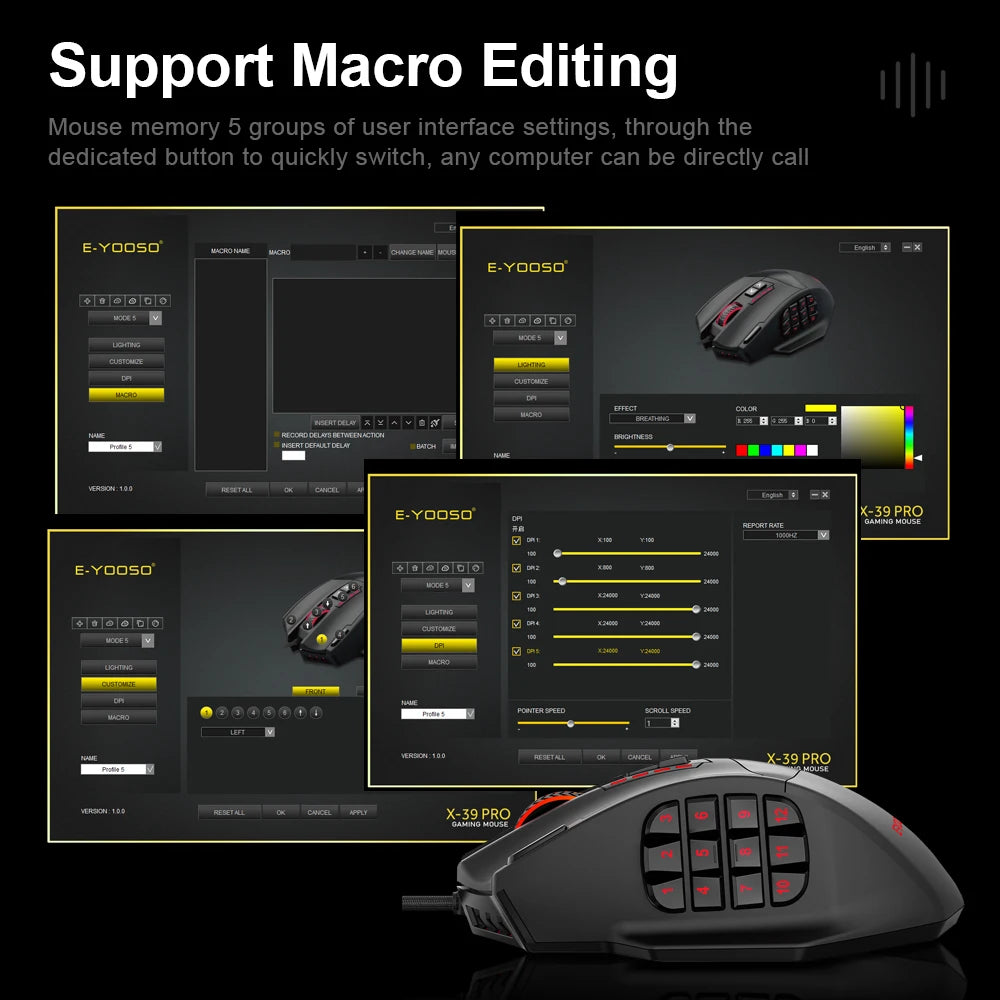 E-YOOSO X-39 USB Wired RGB Gaming Mouse 24000 DPI SG8960 19 Buttons Programmable Optical Gaming Mouse for PC Laptop