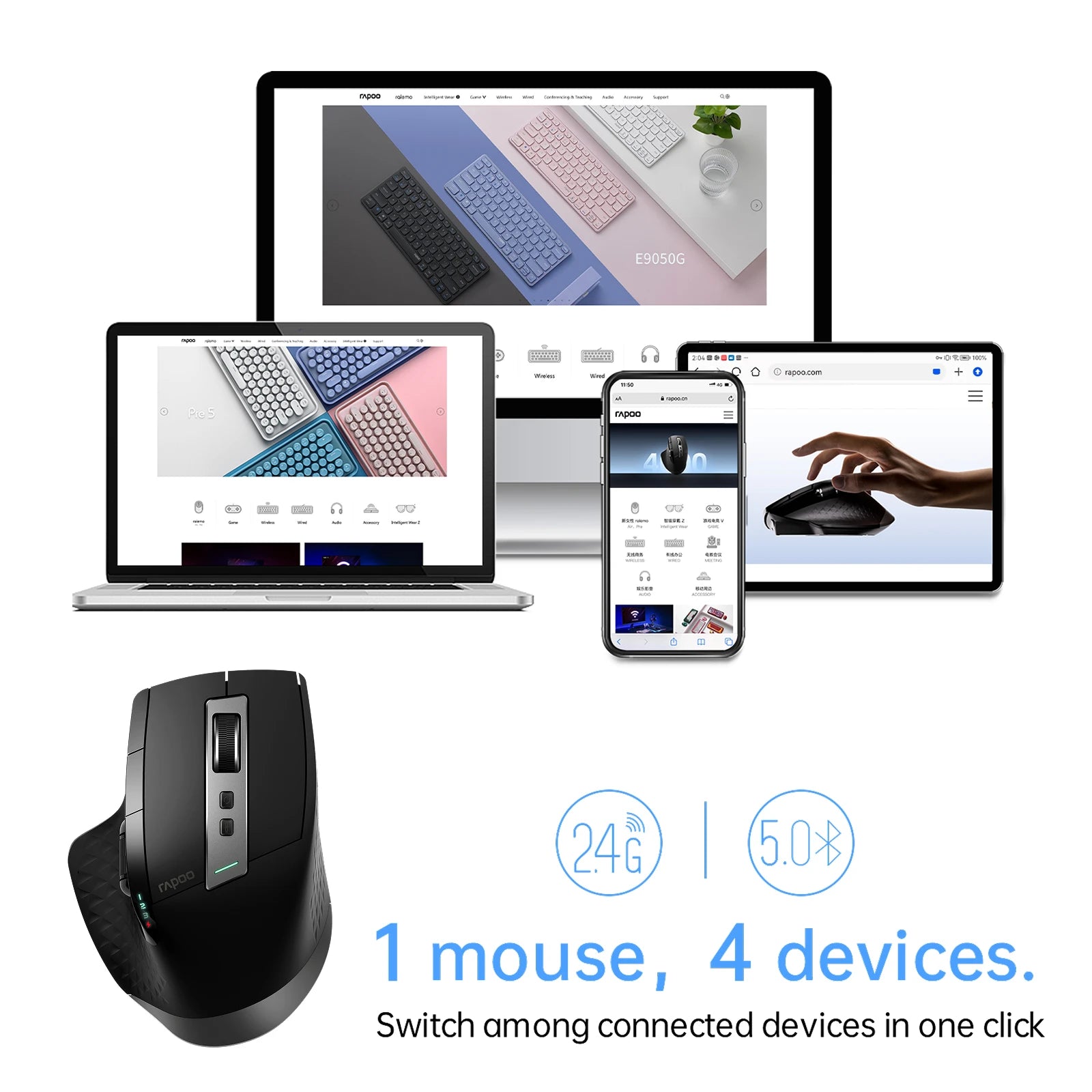 Rapoo 2026 New MT710L Wireless Multimode Rechargeable Ergonomic Mouse 4000 DPI Bluetooth Mouse Easy-Switch Up to 4 Devices