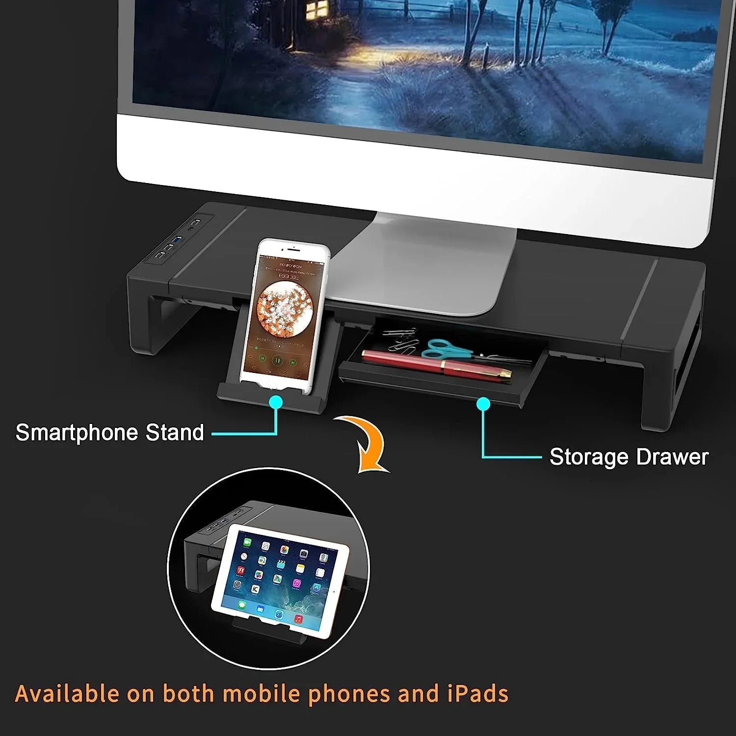 Monitor Stand Riser, With Foldable, Height Adjustable Computer Stand, Desk Shelf Riser with Storage Drawer & Tablet Phone